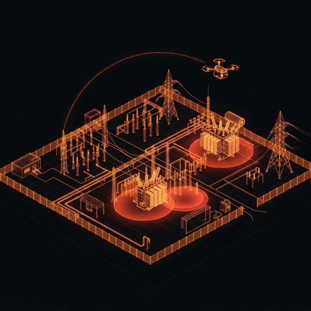Wireframe 3D model of a critical infrastructure facility with a drone flight path and highlighted risk zones