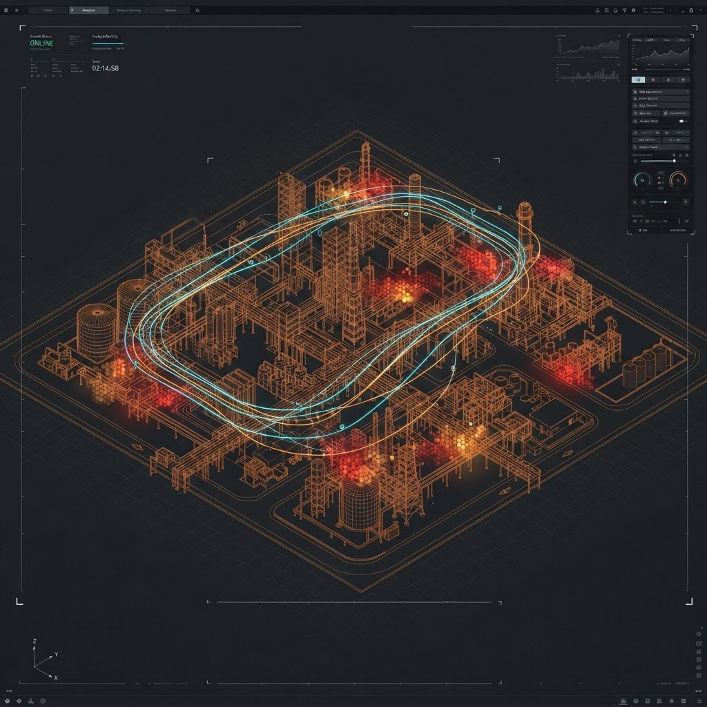 Dark software interface showing an isometric 3D site vulnerability model with drone flight paths and risk heat zones